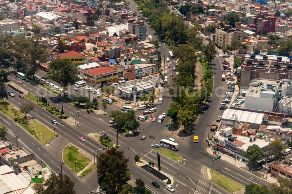 Ciudad de Mexico from above - Color markings of the lanes of road traffic in the course of the road crossing Av. Iztaccihuatl / Calz. Ignacio Zaragoza in Ciudad de Mexico in Mexico