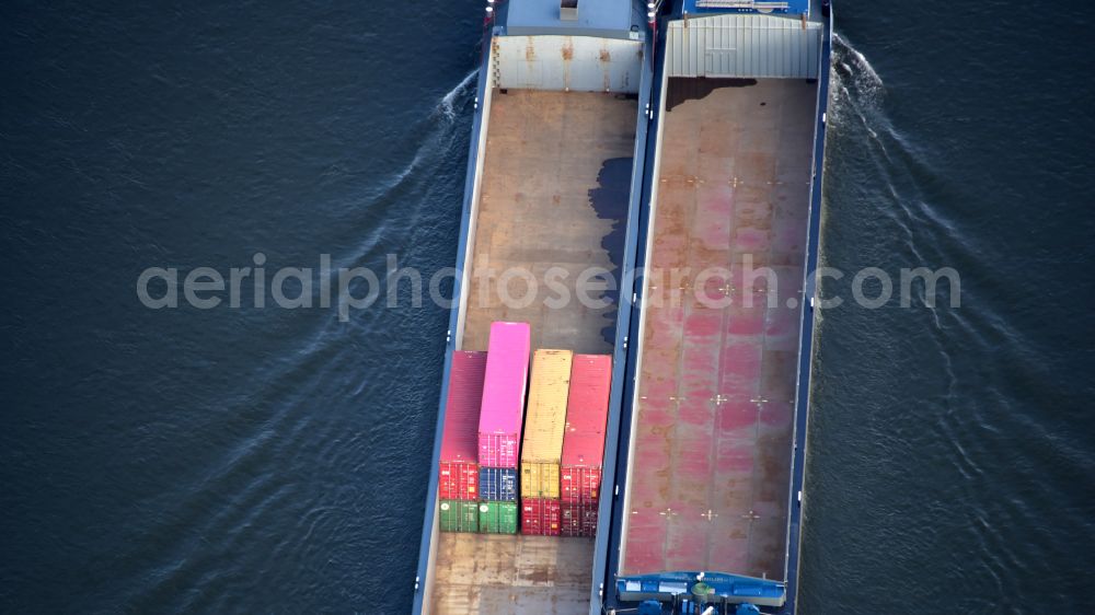 Aerial photograph Bonn - Journey of a container ship Millenium II on the river Rhine in Bonn in the state North Rhine-Westphalia, Germany