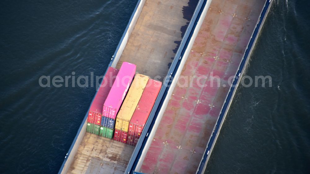 Bonn from above - Journey of a container ship Millenium II on the river Rhine in Bonn in the state North Rhine-Westphalia, Germany