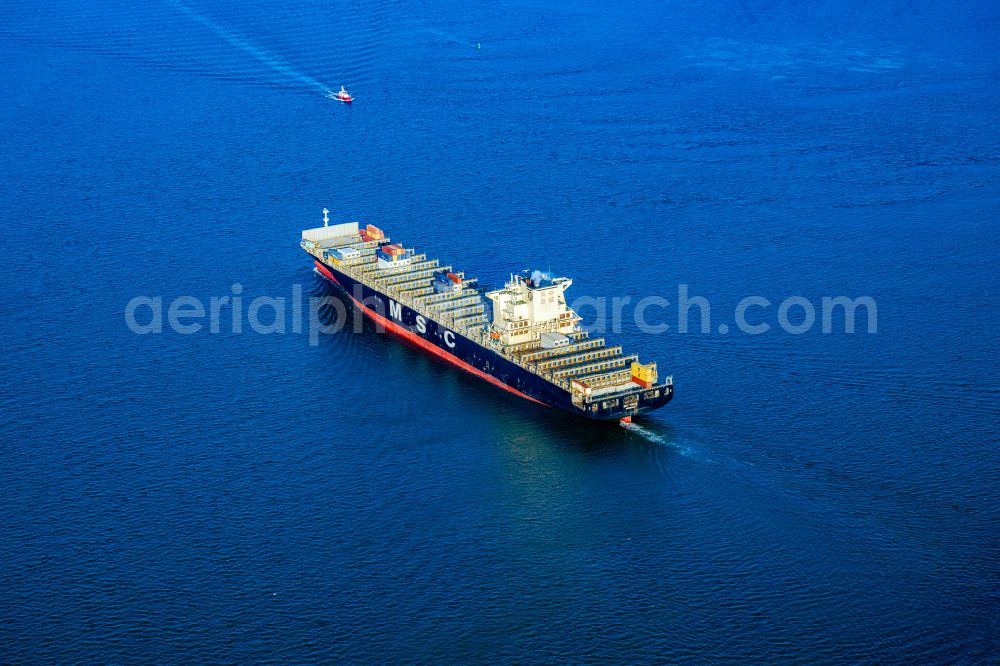 Aerial photograph Brunsbüttel - Sailing container ship MSC Tokyo Monrovia on street Zum Elbdeich in Brunsbuettel in the state Schleswig-Holstein, Germany