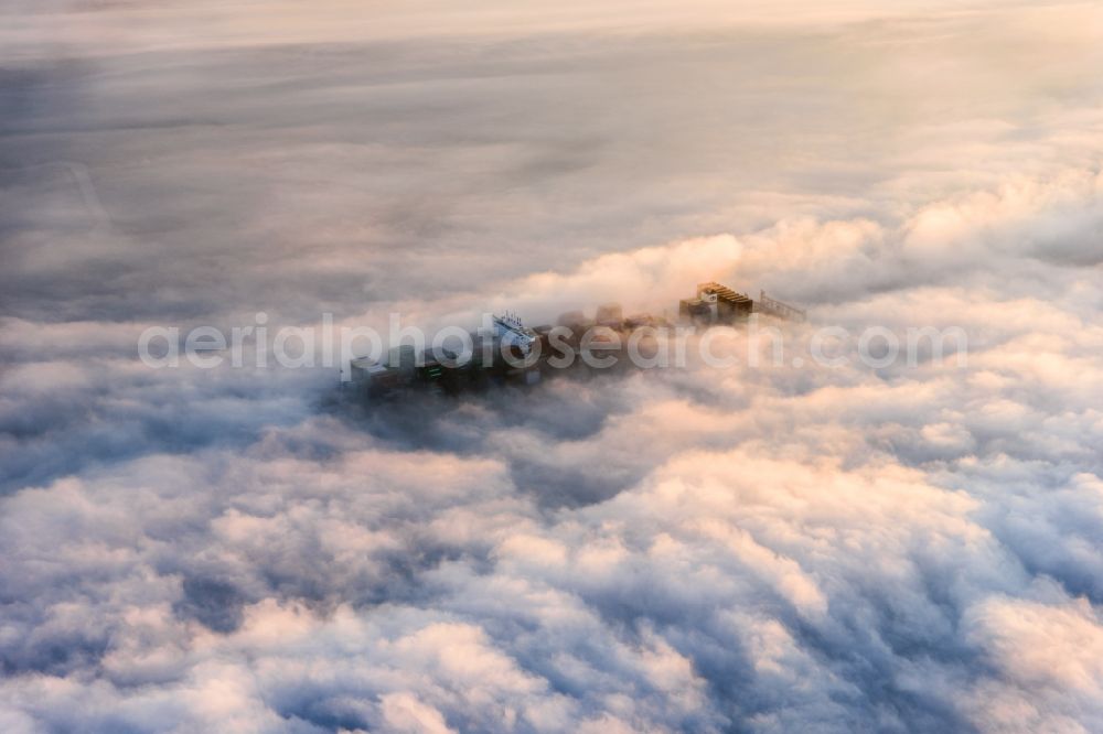 Aerial image Hetlingen - Sailing container ship on the river Elbe covered in fog in Hetlingen in the state Schleswig-Holstein, Germany