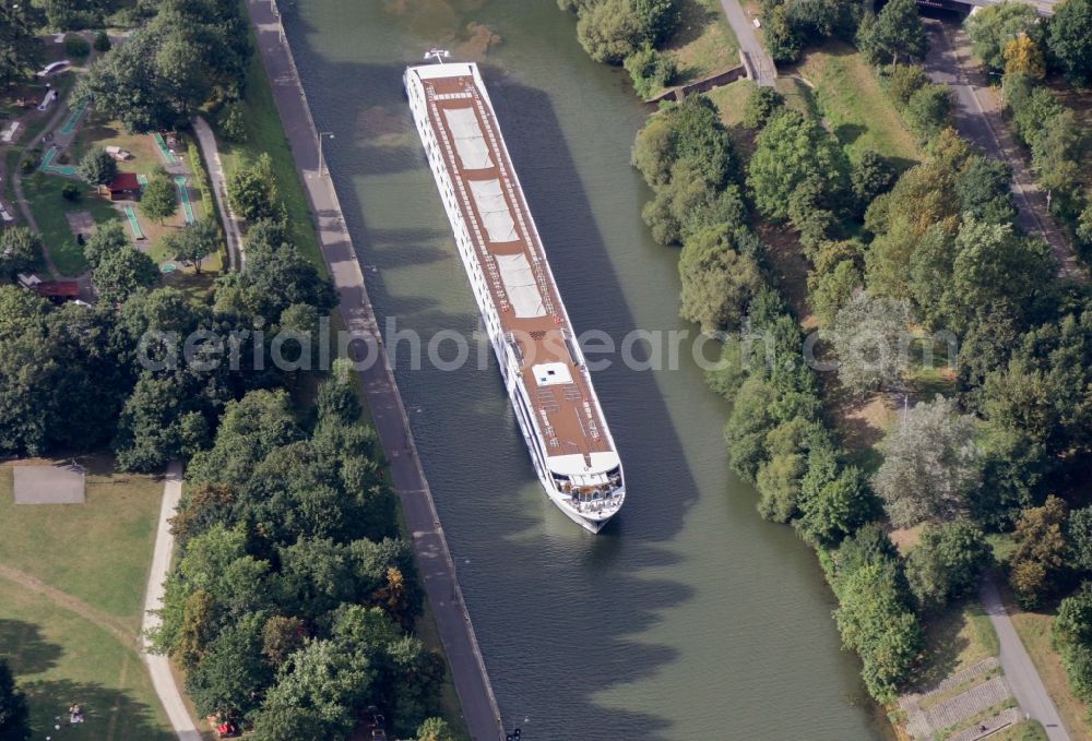 Bamberg from above - Sailing cargo vessel on river Regnitz in Bamberg in the state Bavaria