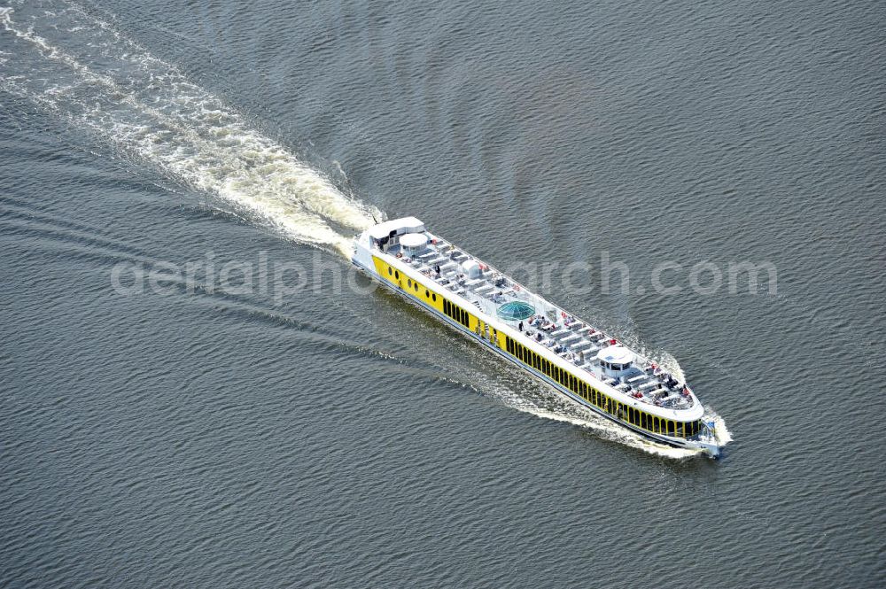 Aerial image Caputh - Fahrgastschiff MS Sansouci der Reederei Weisse Flotte Potsdam GmbH während der Fahrt auf dem Schwielowsee. Passenger ship MS Sansouci of the shipping company Weisse Flotte Potsdam GmbH at the lake Schwielowsee.