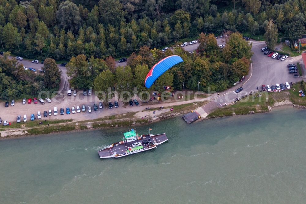 Neuburg am Rhein from above - Ride a ferry ship across the Rhine in the district Neuburgweier in Au am Rhein in the state Baden-Wuerttemberg, Germany