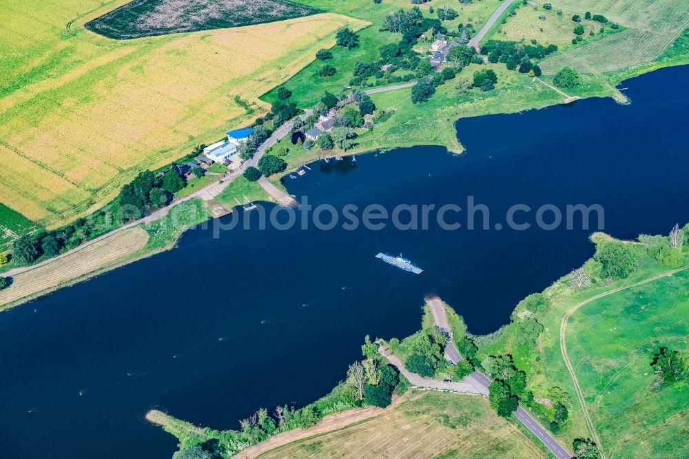 Barby (Elbe) from above - Ride a ferry ship in Barby (Elbe) in the state Saxony-Anhalt, Germany