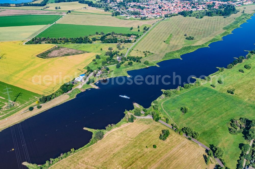 Barby (Elbe) from the bird's eye view: Ride a ferry ship in Barby (Elbe) in the state Saxony-Anhalt, Germany