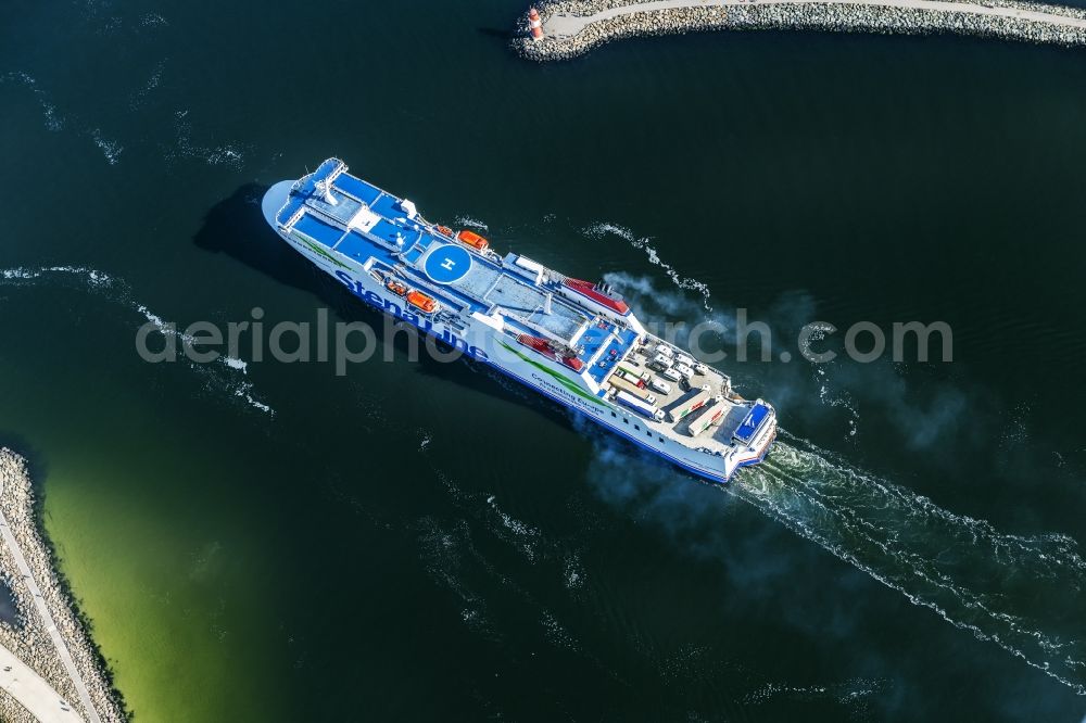 Rostock from the bird's eye view: Ride of the ferry ship Stena Line Mecklenburg Vorpommern across the Baltic Sea in Rostock in Mecklenburg-Vorpommern