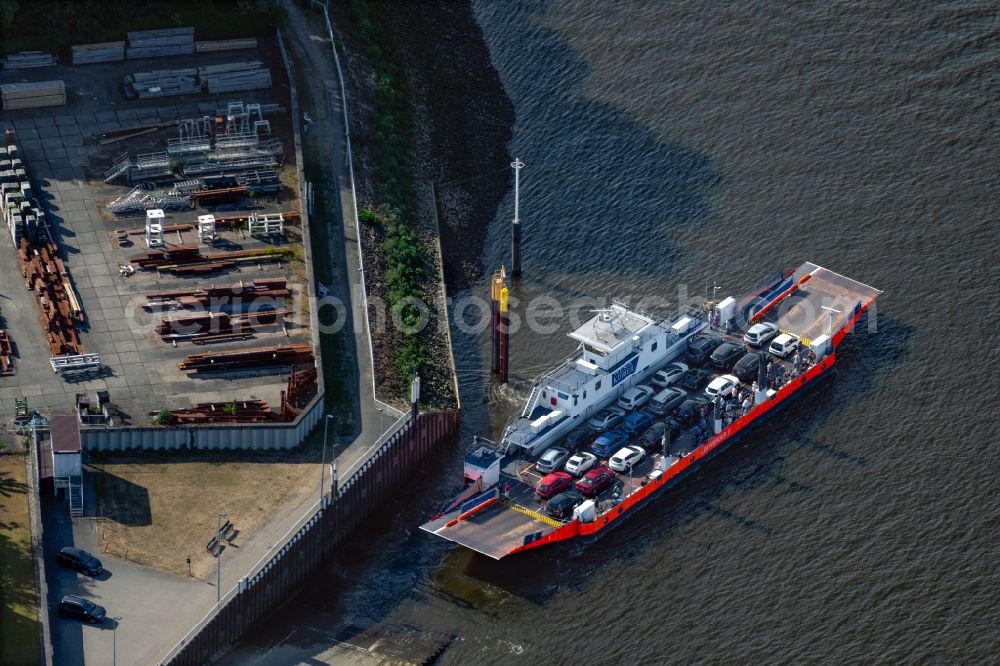 Lemwerder from above - Ride a ferry ship about the Weser on street An der Faehre in Lemwerder in the state Lower Saxony, Germany