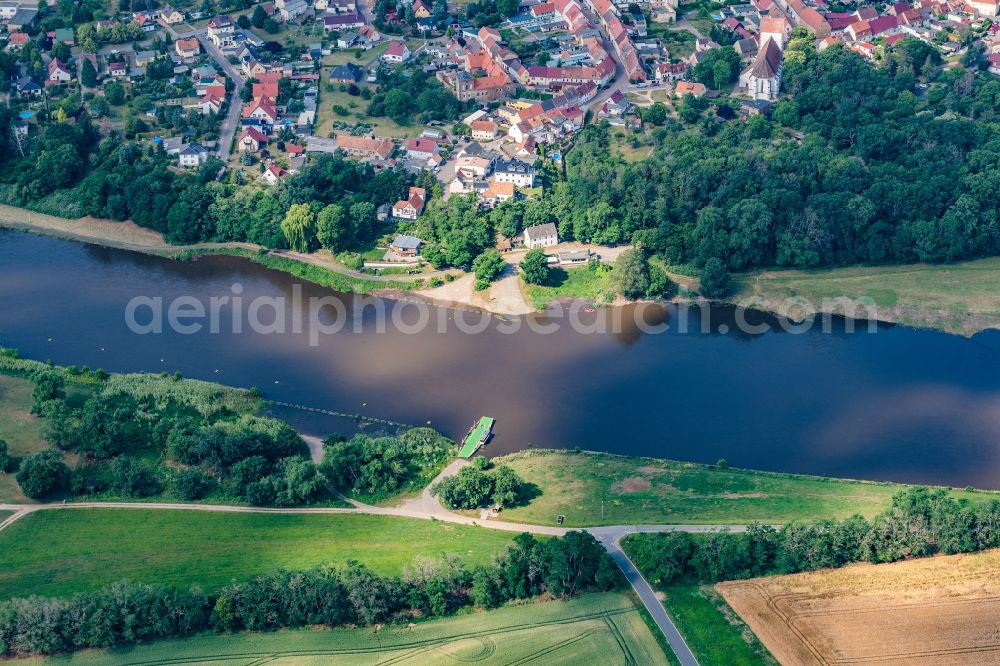 Belgern from the bird's eye view: Ride a ferry ship auf of Elbe in Belgern in the state Saxony, Germany