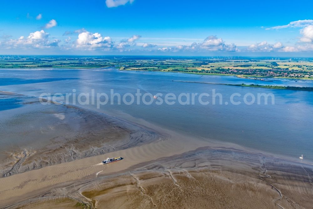 Wischhafen from above - Ride a ferry ship Elbfaehre Wischhafen in Drochtersen in the state Lower Saxony, Germany