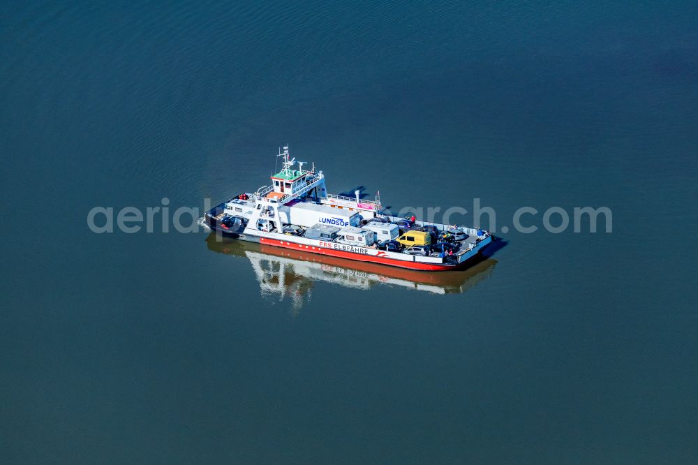 Drochtersen from above - Ride a ferry ship FRS Elbfaehre Wischhafen on street Wischhafenersand in Drochtersen in the state Lower Saxony, Germany