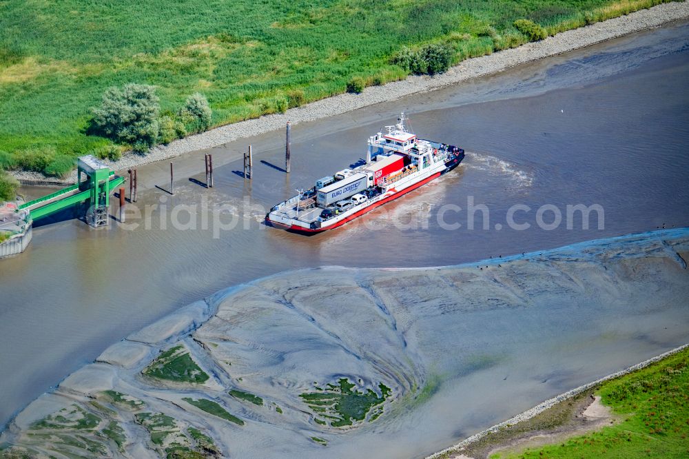 Wischhafen from above - Ride a ferry ship Elbfaehre Wischhafen in Drochtersen in the state Lower Saxony, Germany