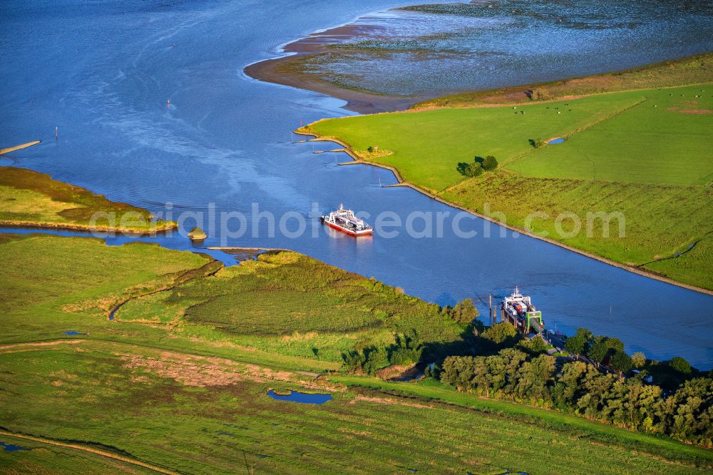 Wischhafen from above - Ride a ferry ship Elbfaehre Wischhafen in Drochtersen in the state Lower Saxony, Germany