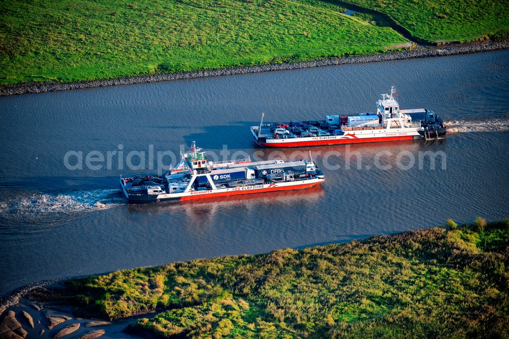 Wischhafen from above - Ride a ferry ship Elbfaehre Wischhafen in Drochtersen in the state Lower Saxony, Germany