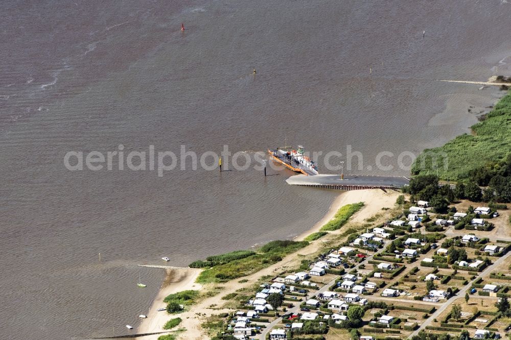 Sandstedt from above - Ride a ferry ship Faehre Sandstedt in Sandstedt in the state Lower Saxony, Germany