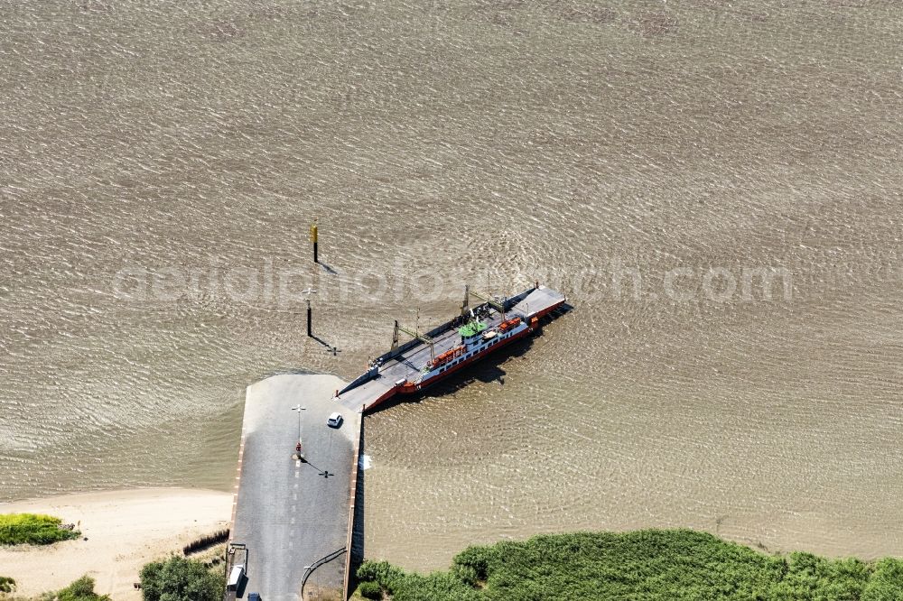 Aerial image Sandstedt - Ride a ferry ship Faehre Sandstedt in Sandstedt in the state Lower Saxony, Germany