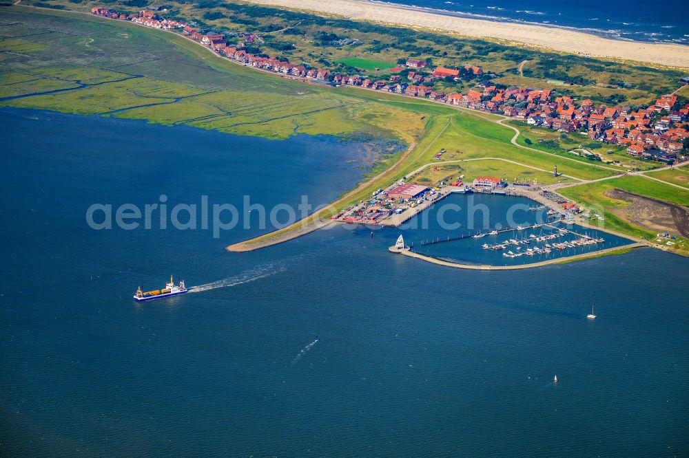 Juist from above - Ride a ferry ship Frisia Inselfacht VIII on street Am Hafen in Juist in the state Lower Saxony, Germany