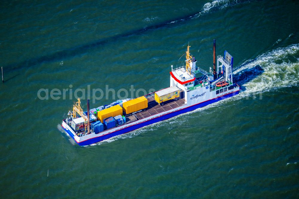 Aerial photograph Juist - Ride a ferry ship Frisia Inselfacht VIII on street Am Hafen in Juist in the state Lower Saxony, Germany