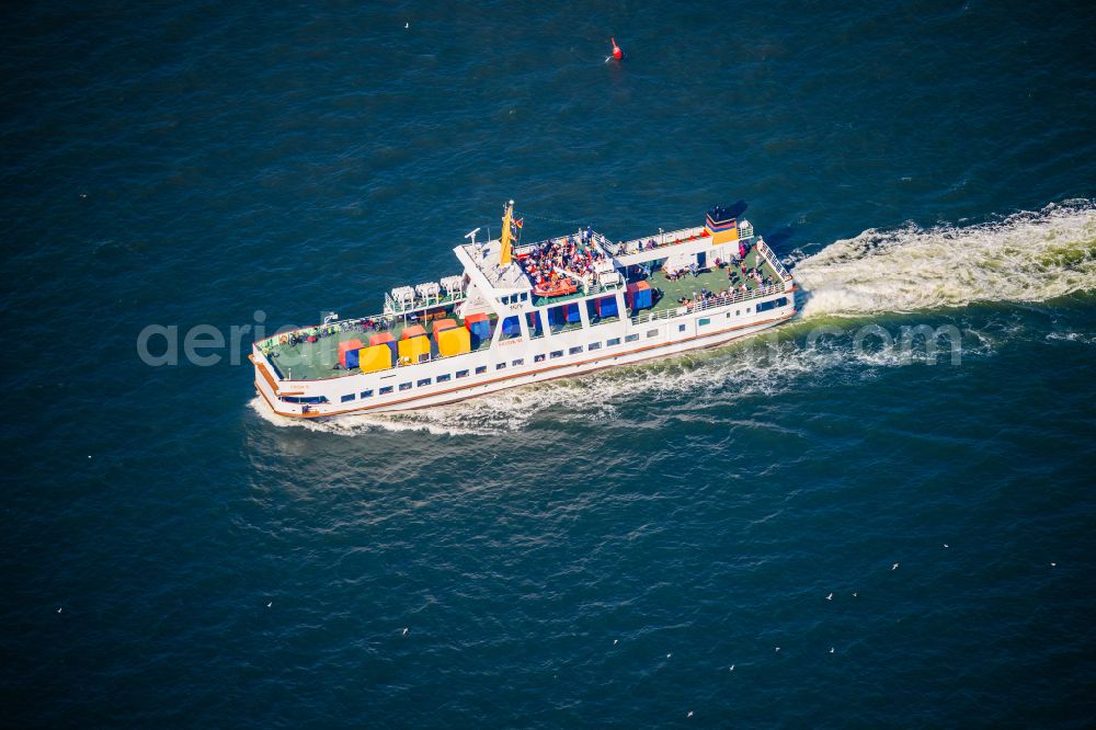 Juist from above - Journey of a ferry ship Frisia VI from the north to Juist in the state of Lower Saxony, Germany