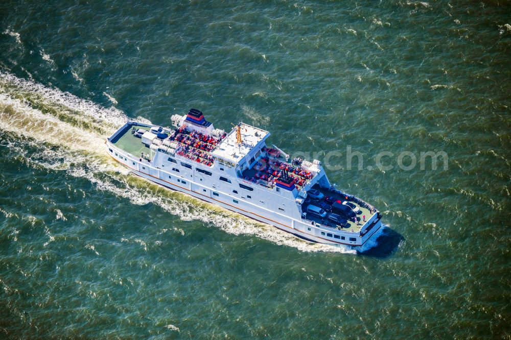 Juist from the bird's eye view: Journey of a ferry ship Frisia VI from the north to Juist in the state of Lower Saxony, Germany