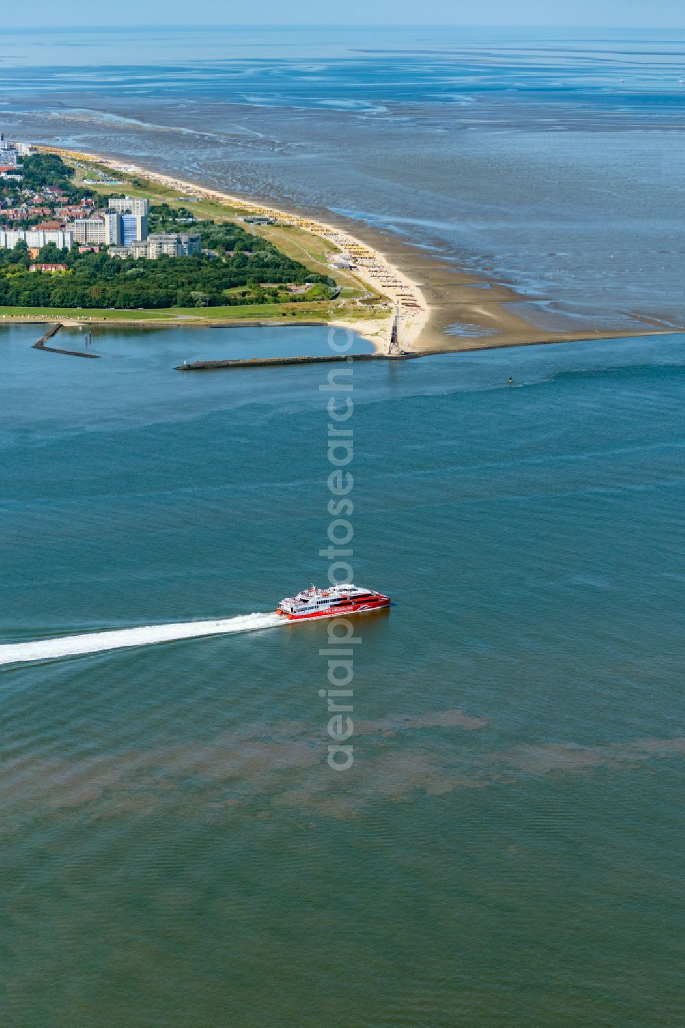 Cuxhaven from above - Ride a ferry ship on the North Sea in Cuxhaven Halunderjet in the state Lower Saxony