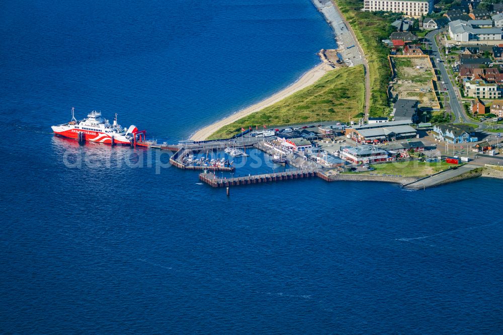 List from the bird's eye view: Ride a ferry ship Limassol in List at the island Sylt in the state Schleswig-Holstein, Germany