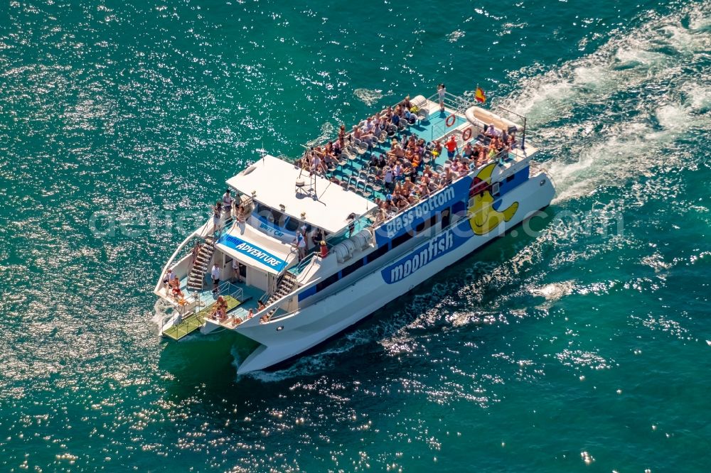 Porto Cristo from above - Ride a ferry ship of Katamaran with Glasboden moonfish in Porto Cristo in Balearic islands, Spain