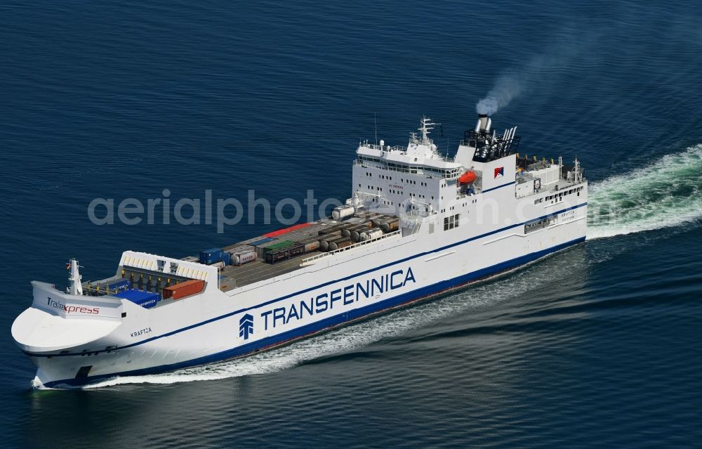 Aerial image Travemünde - Ride a ferry ship KRAFTCA - Ro-Ro Cargo (IMO: 9307360, Trafexpress-class)in Travemuende in the state Schleswig-Holstein, Germany