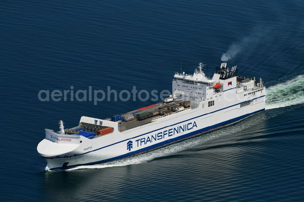Aerial photograph Travemünde - Ride a ferry ship KRAFTCA - Ro-Ro Cargo (IMO: 9307360, Trafexpress-class)in Travemuende in the state Schleswig-Holstein, Germany