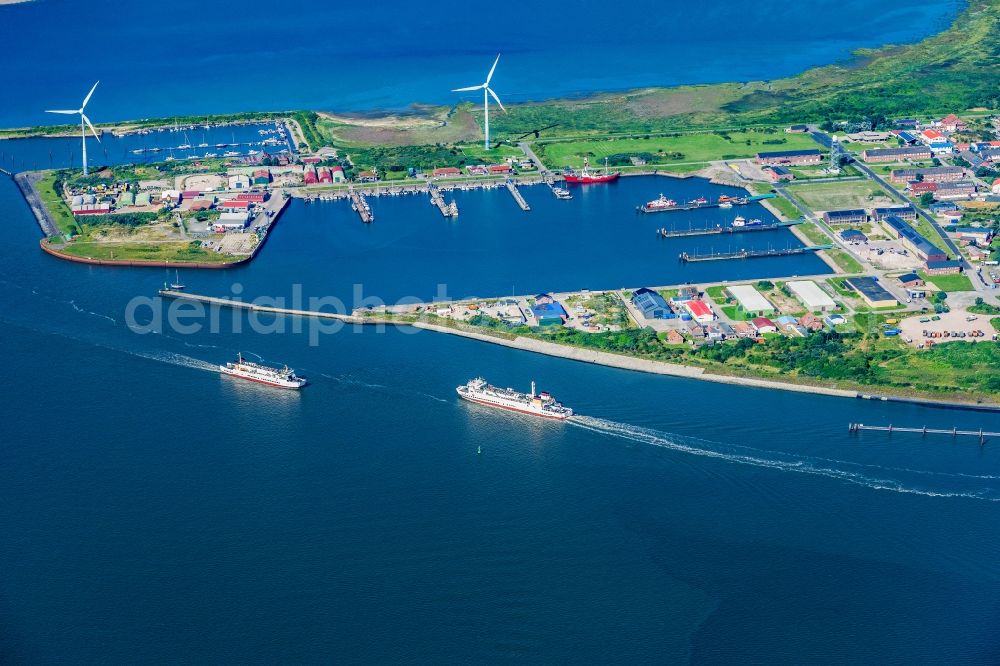 Borkum from the bird's eye view: Ride a ferry ship MS Ostfriesland in crossing with ship Westfalen on the water of the North Sea in Borkum in the state Lower Saxony, Germany