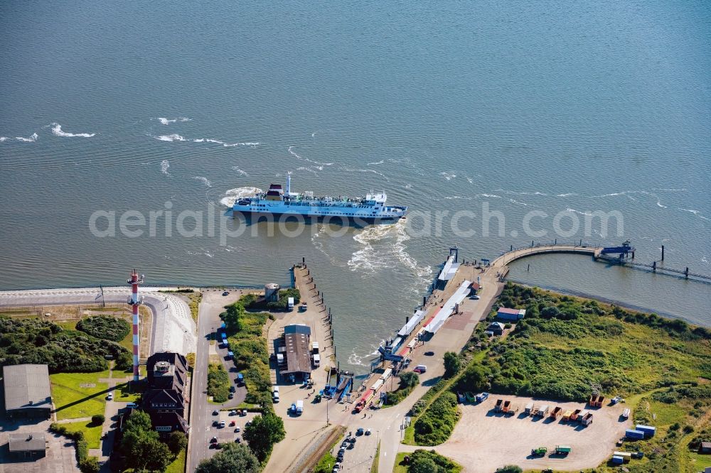 Aerial image Borkum - Voyage of a ferry ship MS Ostfriesland on the North Sea in Borkum in the state Lower Saxony, Germany