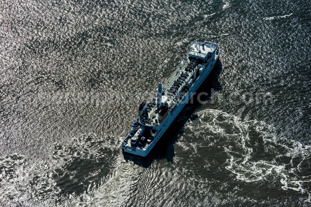 Borkum from above - Voyage of a ferry ship MS Ostfriesland on the North Sea in Borkum in the state Lower Saxony, Germany