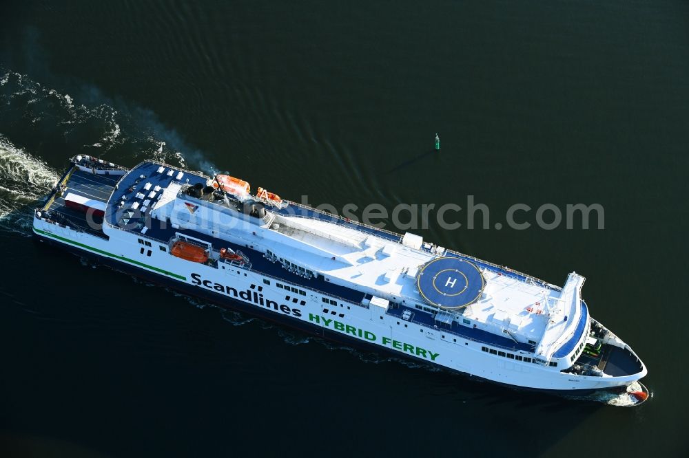 Aerial photograph Rostock - Ride a ferry ship of Scandlines HYBRID FERRY in Rostock in the state Mecklenburg - Western Pomerania, Germany