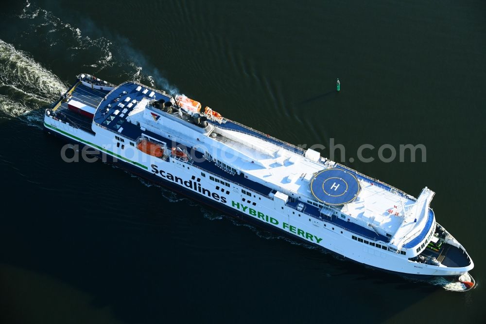 Rostock from above - Ride a ferry ship of Scandlines HYBRID FERRY in Rostock in the state Mecklenburg - Western Pomerania, Germany