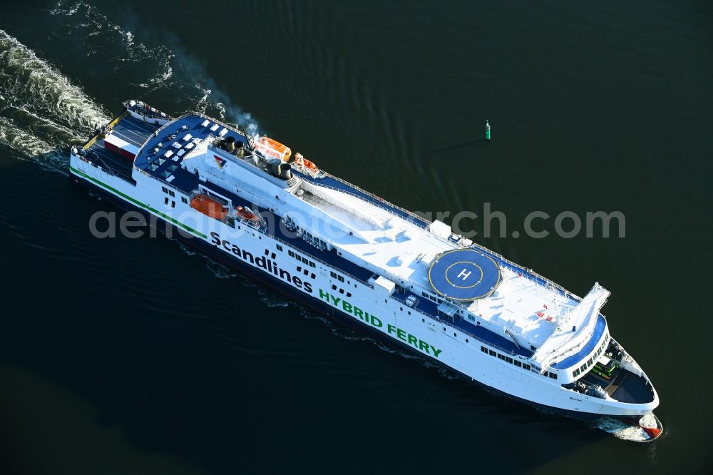 Rostock from the bird's eye view: Ride a ferry ship of Scandlines HYBRID FERRY in Rostock in the state Mecklenburg - Western Pomerania, Germany