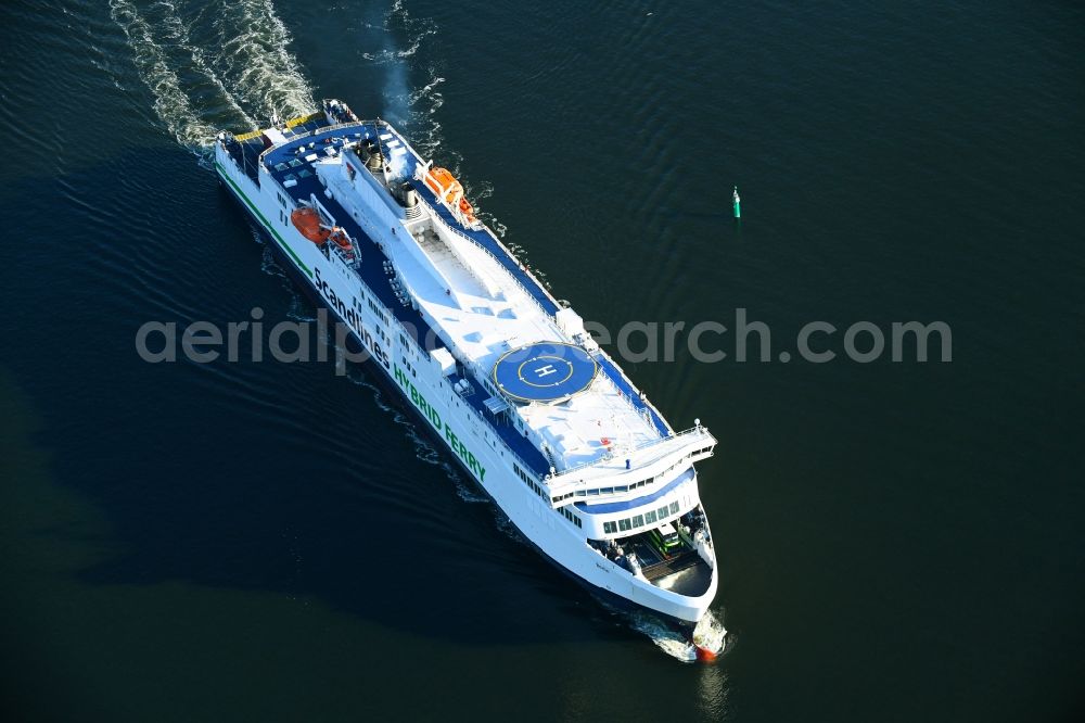 Aerial image Rostock - Ride a ferry ship of Scandlines HYBRID FERRY in Rostock in the state Mecklenburg - Western Pomerania, Germany