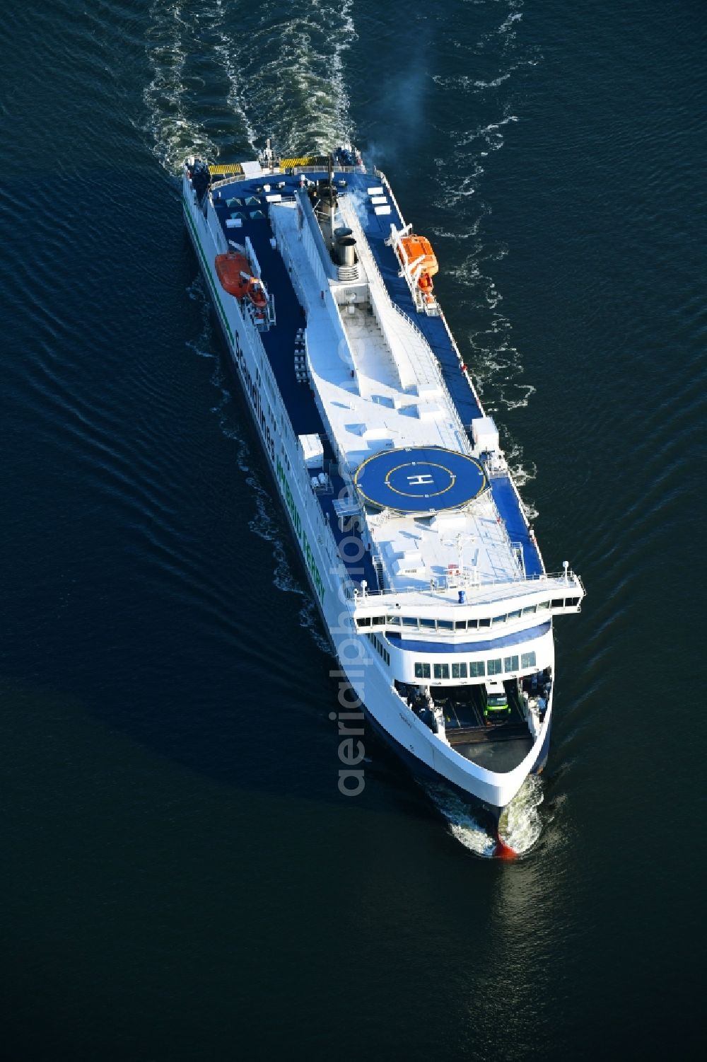 Rostock from above - Ride a ferry ship of Scandlines HYBRID FERRY in Rostock in the state Mecklenburg - Western Pomerania, Germany