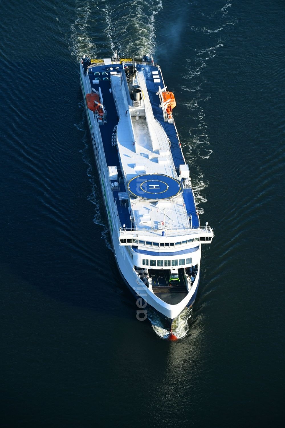 Rostock from the bird's eye view: Ride a ferry ship of Scandlines HYBRID FERRY in Rostock in the state Mecklenburg - Western Pomerania, Germany