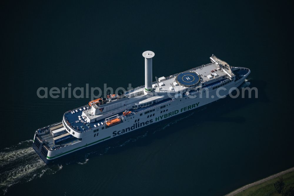 Aerial photograph Rostock - Ride a ferry ship of Scandlines HYBRID FERRY in Rostock in the state Mecklenburg - Western Pomerania, Germany