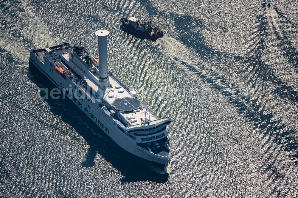 Rostock from above - Ride a ferry ship of Scandlines HYBRID FERRY in Rostock in the state Mecklenburg - Western Pomerania, Germany