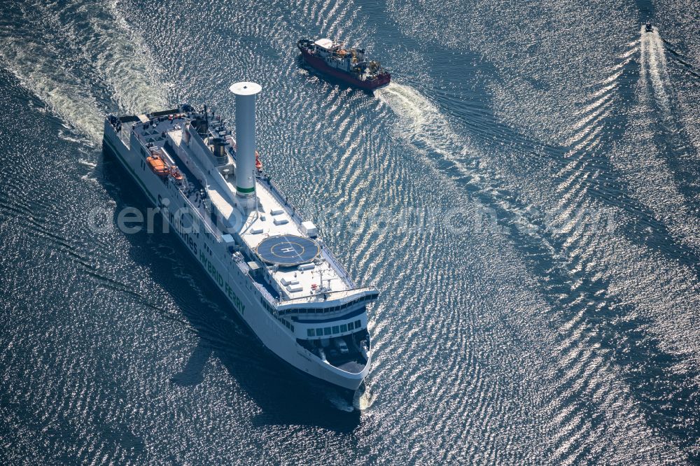 Rostock from the bird's eye view: Ride a ferry ship of Scandlines HYBRID FERRY in Rostock in the state Mecklenburg - Western Pomerania, Germany