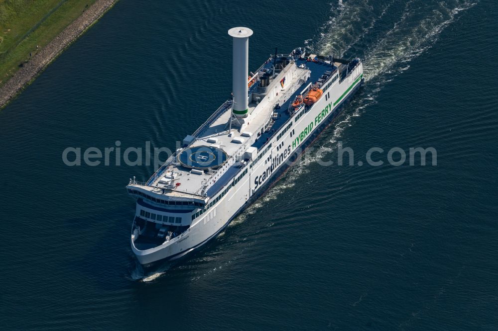 Aerial image Rostock - Ride a ferry ship of Scandlines HYBRID FERRY in Rostock in the state Mecklenburg - Western Pomerania, Germany