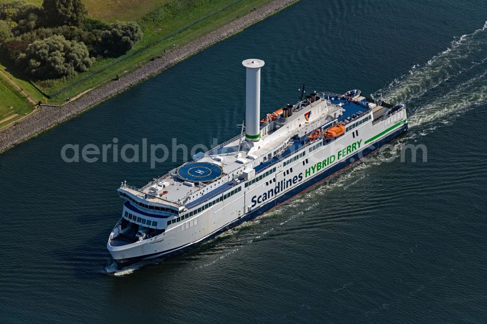 Aerial photograph Rostock - Ride a ferry ship of Scandlines HYBRID FERRY in Rostock in the state Mecklenburg - Western Pomerania, Germany