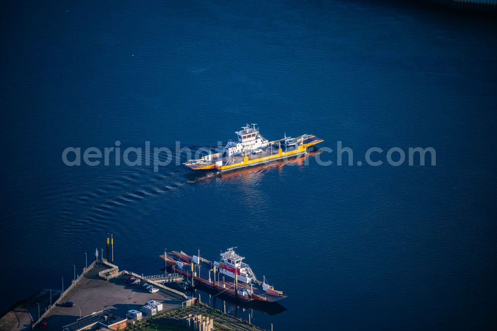 Aerial photograph Bremen - Ride a ferry ship Weserfaehre on street Weserstrandstrasse in Bremen, Germany