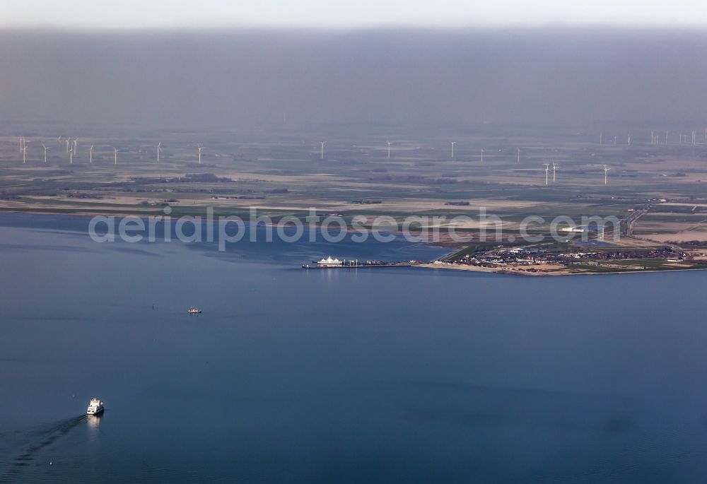 Dagebüll from the bird's eye view: Journey of a ferry to the North-Frisian mainland in Dagebuell in the federal state Schleswig-Holstein, Germany