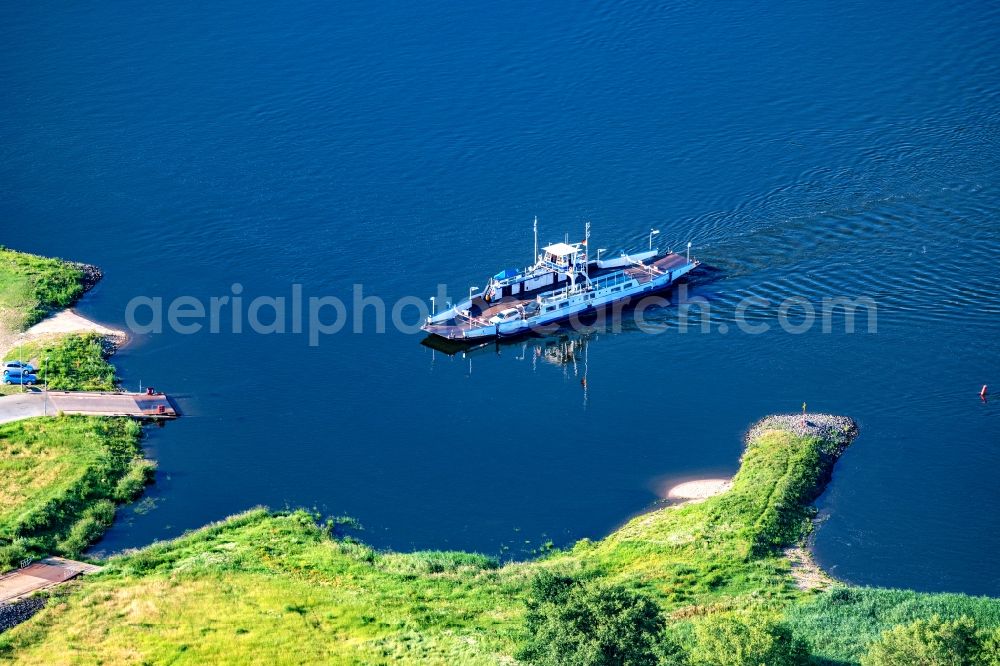 Aerial image Neu Darchau - Trip of the ferry Tanja on the Elbe in Neu Darchau in the state Lower Saxony, Germany