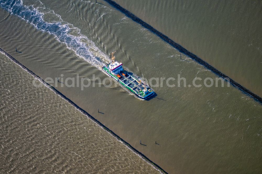 Norden from above - Trip of a silt ship Nordeich Seekrabe in Norden Norddeich in the state of Lower Saxony, Germany