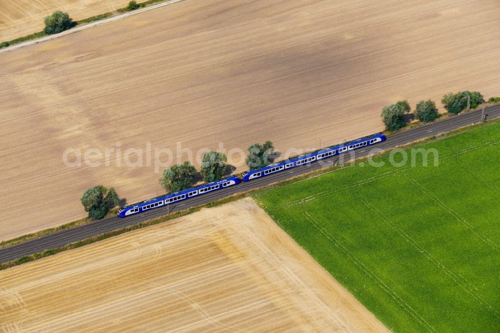 Aerial image Rosdorf - Ride a Cantus train on the track Kassel-Goettingen in Rosdorf in the state Lower Saxony, Germany