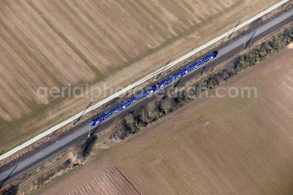 Rosdorf from the bird's eye view: Ride a Cantus train on the track Kassel-Goettingen in Rosdorf in the state Lower Saxony, Germany