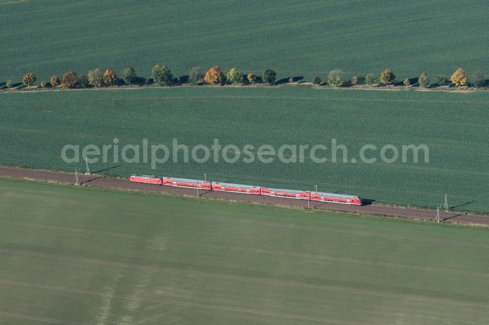 Priestewitz from above - Ride a train on the track of VVO Verkehrsverbund Oberelbe GmbH in Priestewitz in the state Saxony, Germany